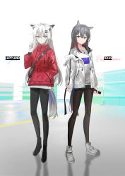 Rule 34 | 2girls, absurdres, animal ear fluff, animal ears, arknights, black footwear, black hair, black legwear, black nails, black pants, black shorts, blue eyes, brown eyes, character name, chihuri, closed mouth, commentary request, dog tags, drawstring, grey footwear, grey hair, hair between eyes, hair ornament, hairclip, hand in pocket, hand up, highres, holding, jacket, lappland (arknights), pantyhose under shorts, long sleeves, multicolored hair, multiple girls, nail polish, off shoulder, open clothes, open jacket, pants, pantyhose, puffy long sleeves, puffy sleeves, red hair, red jacket, scar, scar across eye, scar on face, shirt, shoes, short shorts, shorts, smile, standing, tail, texas (arknights), two-tone hair, white jacket, white shirt
