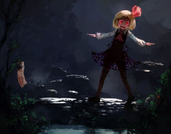 Rule 34 | 1girl, :d, blonde hair, dark, gradient background, hair ribbon, md5 mismatch, open mouth, outstretched arms, pantyhose, red eyes, ribbon, rumia, shirt, short hair, skirt, smile, solo, spread arms, tanabata, touhou, vest, yst