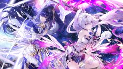 Rule 34 | 2girls, absurdres, armor, bare back, bare shoulders, black hair, breasts, cleavage, crown, detached sleeves, gradient background, hair ornament, highres, holding, holding sword, holding weapon, honkai (series), honkai impact 3rd, kiana kaslana, kiana kaslana (herrscher of finality), looking at viewer, medium breasts, moon, multiple girls, ponytail, raiden mei, raiden mei (herrscher of origin), sword, thigh strap, vardan, weapon, white armor, white hair