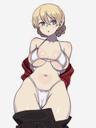 Rule 34 | 1girl, absurdres, bikini, blonde hair, blue eyes, blush, braid, breasts, cameltoe, cleavage, darjeeling (girls und panzer), french braid, girls und panzer, highres, jacket, large breasts, military, military uniform, onsen tamago (hs egg), open mouth, simple background, skirt, solo, st. gloriana&#039;s military uniform, swimsuit, thighs, uniform, unworn jacket, unworn skirt, white background, white bikini