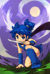 Rule 34 | 1boy, blue eyes, blue hair, blue wristband, blush, commission, covered mouth, donbe, full body, full moon, highres, holding, holding sword, holding weapon, japanese clothes, looking at viewer, male focus, moon, on grass, on one knee, ponytail, shin onigashima, short hair, skeb commission, solo, sword, weapon, yumechi