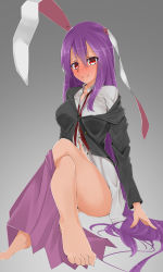 Rule 34 | 1girl, animal ears, blazer, blouse, blush, breasts, grey background, hachidori tou, highres, jacket, large breasts, light purple hair, long hair, looking at viewer, necktie, pleated skirt, purple hair, rabbit ears, red eyes, red necktie, reisen udongein inaba, shirt, simple background, sitting, skirt, solo, touhou, very long hair