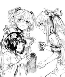 Rule 34 | 3girls, absurdres, apron, aritsuno, bell, bow, calligraphy brush, can, checkered clothes, checkered kimono, commentary request, flower, fujiwara no mokou, greyscale, hair bell, hair bow, hair flower, hair ornament, hieda no akyuu, highres, holding, holding can, japanese clothes, jingle bell, kimono, long hair, long sleeves, monochrome, motoori kosuzu, multiple girls, open mouth, paintbrush, pants, scroll, shirt, short sleeves, smile, touhou, wide sleeves, writing