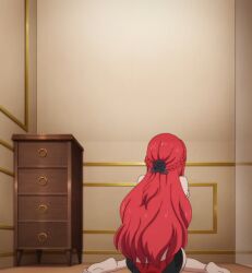 Rule 34 | 1girl, amelia rose, ass, dressing room, feet, from behind, highres, hyouken no majutsushi ga sekai wo suberu, legs, long hair, panties, red hair, sitting, solo, stitched, thighs, third-party edit, underwear