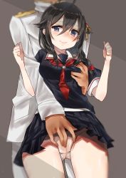 Rule 34 | 10s, 1boy, 1girl, absurdres, admiral (kancolle), ahoge, bad id, bad pixiv id, black serafuku, blue eyes, blurry, braid, grabbing another&#039;s breast, brown hair, commentary request, depth of field, fingering, fingering from behind, fingering through clothes, grabbing, grabbing from behind, groping, hair flaps, hair ornament, hair over shoulder, hetero, highres, hoshimiya nazuna, kantai collection, long hair, masturbation, masturbation through clothes, nervous smile, panties, remodel (kantai collection), school uniform, serafuku, shigure (kancolle), single braid, sketch, skirt, smile, through clothes, underwear, white panties