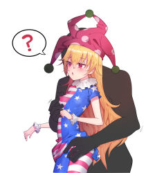 Rule 34 | 1girl, ?, absurdres, american flag dress, blonde hair, blush, breasts, clothes lift, clownpiece, covered erect nipples, dress, dress lift, groping, highres, nipple stimulation, nipple tweak, red eyes, skirt, skirt lift, small breasts, tagme, touhou