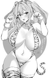 Rule 34 | 1girl, absurdres, animal ears, animal print, azur lane, bikini, blush, breasts, bremerton (azur lane), chinese zodiac, cleavage, collar, covered erect nipples, fang, greyscale, highres, hotate-chan, large breasts, legs together, looking at viewer, mole, mole on breast, mole under eye, monochrome, navel, navel piercing, paw pose, piercing, skindentation, slingshot swimsuit, solo, string bikini, swimsuit, tail, thick thighs, thighhighs, thighs, tiger ears, tiger girl, tiger print, tiger tail, twintails, year of the tiger