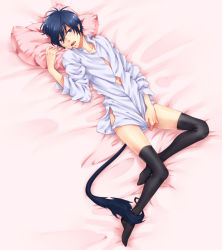 Rule 34 | 1boy, ao no exorcist, bad id, bad pixiv id, black thighhighs, blue eyes, blue hair, full body, male focus, matching hair/eyes, moyuki, okumura rin, on bed, pillow, pointy ears, shirt, solo, tail, thighhighs, tongue, tongue out