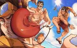 Rule 34 | 1girl, 4boys, abs, arm hair, arm tattoo, artist name, ball, bandaid, bandaid on face, bandaid on nose, bara, black hair, blue eyes, brown hair, character request, check character, chest hair, cloud, cloudy sky, darius (league of legends), day, draven, falloutbart, fang, goggles, hairy, happy, hitting, jarvan iv (league of legends), jayce (league of legends), jewelry, jumping, large pectorals, league of legends, looking at another, male focus, male swimwear, mature male, multicolored hair, multiple boys, muscular, muscular male, necklace, nipples, ocean, one eye closed, pectorals, pool party draven, red male swimwear, red swim trunks, rek&#039;sai, sandals, scar, scar across eye, shorts, sky, smirk, spiked hair, sun, sunglasses, sunlight, sweat, sweatdrop, swim trunks, swimsuit, tattoo, teeth, thick arms, thick eyebrows, thick thighs, thighs, throwing, tooth necklace, topless male, twitter username, whistle, whistle around neck, white hair, worried, wristband