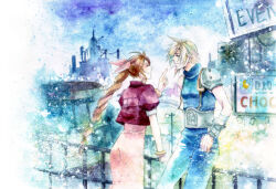 Rule 34 | 1boy, 1girl, aerith gainsborough, armor, bandaged arm, bandages, belt, blonde hair, blue pants, blue shirt, bracelet, braid, brown hair, closed eyes, cloud strife, cropped jacket, dress, final fantasy, final fantasy vii, hair between eyes, hair ribbon, jacket, jewelry, long hair, looking at another, outdoors, pants, parted bangs, pink dress, pink ribbon, pointing, prima rosa, puffy short sleeves, puffy sleeves, railing, red jacket, ribbon, shirt, short hair, short sleeves, shoulder armor, sidelocks, sleeveless, sleeveless turtleneck, smile, spiked hair, square enix, suspenders, traditional media, turtleneck, upper body
