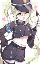 Rule 34 | :d, absurdres, armband, belt, blue archive, charm (object), cowboy shot, fang, gold buttons, green hair, hat, heart, highres, holding own tail, midriff, military hat, military uniform, nozomi (blue archive), open mouth, pantyhose, pointy ears, shigure (hggk2544), simple background, smile, sweatdrop, tail, uniform, white background, yellow eyes