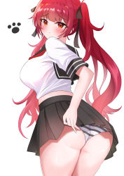 Rule 34 | 1girl, absurdres, ass, azur lane, black ribbon, black skirt, blush, closed mouth, crop top, hair ribbon, highres, honolulu (azur lane), honolulu (umbrella girl) (azur lane), looking at viewer, looking back, midriff, miniskirt, neckerchief, no legwear, official alternate costume, onabe no shime, panties, paw print, pleated skirt, raised eyebrows, red eyes, red hair, red neckerchief, ribbon, sailor collar, school uniform, serafuku, shirt, simple background, skirt, solo, striped clothes, striped panties, thighs, twintails, underwear, white background, white shirt
