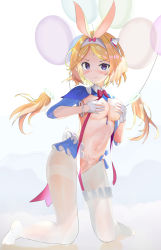 Rule 34 | 1girl, :/, aki rosenthal, aki rosenthal (1st costume), animal ears, balloon, between breasts, blonde hair, blush, bob cut, bracelet, breasts, bridal garter, covering breasts, covering nipples, covering privates, detached hair, fuenyuan, gloves, hair ornament, headband, highres, hololive, jewelry, kneeling, long sleeves, looking at viewer, medium breasts, meme attire, midriff, navel, pantyhose, parted bangs, pubic tattoo, purple eyes, rabbit ears, reverse bunnysuit, reverse outfit, ribbon, shrug (clothing), solo, tattoo, thighband pantyhose, twintails, virtual youtuber, white gloves, white pantyhose