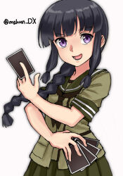 Rule 34 | 1girl, black hair, black neckerchief, blunt bangs, braid, card, commentary request, cowboy shot, green sailor collar, green serafuku, green shirt, green skirt, grey eyes, hair ribbon, highres, holding, holding card, kantai collection, kitakami (kancolle), long hair, maakun (makun dx), neckerchief, one-hour drawing challenge, playing card, pleated skirt, ribbon, sailor collar, school uniform, serafuku, shirt, sidelocks, simple background, skirt, solo, tress ribbon, twitter username, white background