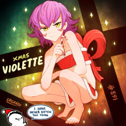 Rule 34 | 1girl, barefoot, candy, candy cane, english text, food, original, purple hair, speech bubble, srgrafo, violette (srgrafo), yellow eyes