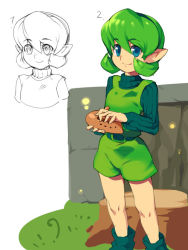 Rule 34 | 1girl, ankle boots, bad id, bad pixiv id, belt, blue eyes, boots, green hair, hairband, instrument, metata, nintendo, ocarina, overalls, pointy ears, ribbed sweater, saria (zelda), short hair, simple background, smile, solo, sweater, the legend of zelda, the legend of zelda: ocarina of time, turtleneck