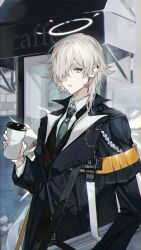 Rule 34 | 1boy, absurdres, arknights, black jacket, black vest, coffee mug, collared shirt, commentary request, cup, detached wings, enforcer (arknights), grey eyes, grey hair, grey necktie, hair over one eye, halo, highres, holding, holding cup, jacket, long sleeves, looking at viewer, male focus, mug, nanase (nanase cg), necktie, parted lips, shirt, solo, vest, white shirt, white wings, wings