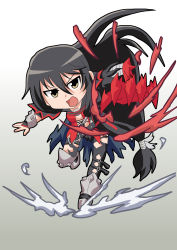 Rule 34 | 1girl, armor, bandages, belt, black hair, boots, braid, breasts, brown eyes, coat, long hair, open mouth, short shorts, shorts, tales of (series), tales of berseria, torn clothes, velvet crowe
