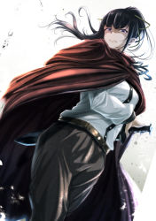 Rule 34 | 1girl, angry, black hair, blunt bangs, breasts, brown cloak, cloak, closed mouth, commentary request, from below, holding, holding sword, holding weapon, long hair, looking at viewer, medium breasts, narberal gamma, overlord (maruyama), ponytail, purple eyes, shaded face, shirt, solo, standing, sword, tagame (tagamecat), weapon, white shirt
