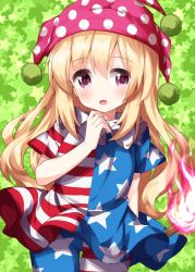 Rule 34 | 1girl, :d, american flag dress, blonde hair, blush, clownpiece, cowboy shot, fire, fire, green background, hand up, hat, highres, jester cap, long hair, looking at viewer, neck ruff, one-hour drawing challenge, open mouth, pantyhose, pink eyes, polka dot, ruu (tksymkw), simple background, smile, solo, star (symbol), starry background, thigh gap, torch, touhou, very long hair