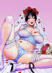 Rule 34 | 1girl, black hair, blue panties, bouquet, breasts, breasts apart, bridal veil, bride, bustier, cameltoe, chain, cleavage, covered erect nipples, earrings, elbow gloves, flower, frilled thighhighs, frills, gloves, green eyes, hair between eyes, high heels, highres, huge breasts, jewelry, lace, legs, lingerie, lips, mole, mole under mouth, nipples, original, panties, pearl earrings, petals, purple background, rose, see-through, shoes, simple background, sitting, solo, spread legs, tears, teeth, thighhighs, torn clothes, torn thighhighs, underwear, underwear only, upper teeth only, veil, white thighhighs, yamashita shun&#039;ya