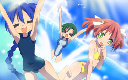 Rule 34 | &gt; &lt;, 00s, 3girls, :3, = =, > <, alternate hairstyle, armpits, arms up, bikini, blue hair, braid, cloud, cousins, day, closed eyes, family, finger to mouth, flat chest, green eyes, green hair, izumi konata, kobayakawa yutaka, long hair, lucky star, multiple girls, narumi yui, one-piece swimsuit, outstretched arms, pink hair, short hair, short twintails, siblings, sisters, sora to umi, swimsuit, twintails, water, x3