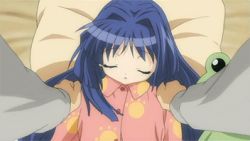 Rule 34 | animated, animated gif, bed, blue hair, closed eyes, frog, implied sex, kanon, long hair, lowres, minase nayuki, on bed, pajamas, pillow, pov, pov hands, screencap, sexually suggestive, shaking, sleeping, solo, stuffed toy