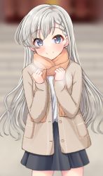 Rule 34 | 1girl, absurdres, black skirt, blurry, blurry background, braid, braided bangs, breath, brown jacket, brown scarf, closed mouth, commentary request, depth of field, earrings, fringe trim, grey eyes, grey hair, hands up, hatsumoude, highres, hisakawa hayate, idolmaster, idolmaster cinderella girls, idolmaster cinderella girls starlight stage, jacket, jewelry, long hair, long sleeves, looking at viewer, mitsumine raimu, new year, open clothes, open jacket, pleated skirt, scarf, shirt, skirt, sleeves past wrists, smile, solo, stairs, standing, stone stairs, very long hair, white shirt