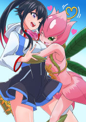Rule 34 | 2girls, absurdres, autumn leaves, bandai, bare legs, colored skin, digimon, digimon (creature), digimon world -next 0rder-, fairy, female focus, hair between eyes, highres, hug, lilimon, long hair, looking at viewer, monster girl, multiple girls, one eye closed, plant, plant girl, ponytail, shiki (digimon world -next 0rder-), shiny skin, skirt, smile, teeth, upper teeth only, wink