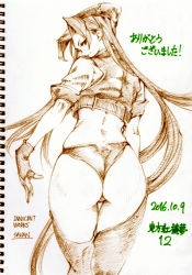 Rule 34 | 1girl, alternate costume, artist name, ass, beret, cropped jacket, dated, fingerless gloves, from behind, gloves, graphite (medium), hair intakes, hat, hong meiling, long hair, looking back, monochrome, partially translated, savan, simple background, sketch, smile, solo, thighhighs, thighs, touhou, traditional media, translation request, very long hair, white background
