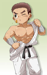 Rule 34 | 1boy, bandaid, bandaid on cheek, bandaid on face, belt, black belt, brown hair, commentary request, cowboy shot, difeihong, dougi, green background, highres, hunter x hunter, male focus, muscular, muscular child, one eye closed, open mouth, simple background, solo, sweat, undressing, zushi
