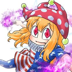 Rule 34 | 1girl, american flag dress, american flag legwear, blonde hair, chamaji, clownpiece, dress, fairy wings, fang, fire, hair between eyes, hat, holding, jester cap, looking at viewer, lowres, neck ruff, pantyhose, polka dot, profile picture, red hat, short dress, short sleeves, simple background, smile, solo, star (symbol), star print, striped, torch, touhou, white background, wings