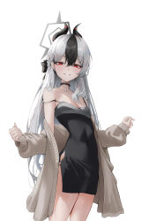 Rule 34 | 1girl, absurdres, black dress, black hair, black horns, blue archive, blush, breasts, cleavage, collarbone, cowboy shot, demon horns, dress, grey hair, grey halo, grey jacket, grin, hair between eyes, halo, highres, hikimori 1, horns, jacket, kayoko (blue archive), kayoko (dress) (blue archive), long hair, long sleeves, multicolored hair, official alternate costume, open clothes, open jacket, red eyes, simple background, sleeveless, sleeveless dress, small breasts, smile, solo, white background