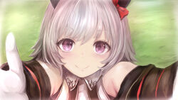 Rule 34 | 1girl, absurdres, animal ears, bare shoulders, closed mouth, commentary request, curren chan (umamusume), detached sleeves, ear covers, gloves, grass, grey hair, highres, horse ears, horse girl, incoming hug, long sleeves, looking at viewer, outdoors, purple eyes, reaching, reaching towards viewer, short hair, sleeveless, smile, solo, umamusume, upper body, white gloves, wnaph