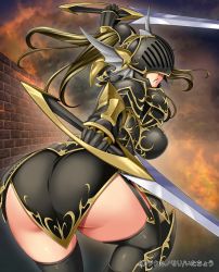 Rule 34 | 1girl, armor, ass, breasts, character request, curvy, helmet, itachou, large breasts, latex, panties, ponytail, solo, sword, thick thighs, thighhighs, thighs, underwear, weapon, wide hips