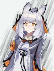 Rule 34 | 1girl, arknights, armband, coat, dress, goggles, goggles around neck, grey coat, highres, long sleeves, mtzgd, open clothes, open coat, orange eyes, owl ears, pointy hair, ptilopsis (arknights), rhine lab logo, short hair, silver hair, solo, surprised, white dress, wide-eyed