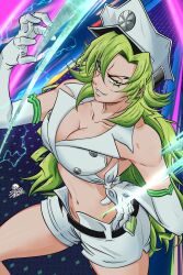 Rule 34 | bleach, breasts, candice catnipp, cleavage, elbow gloves, gloves, green eyes, green hair, hat, highres, large breasts, long hair, navel, peaked cap, revealing clothes