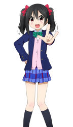 Rule 34 | 10s, 1girl, \m/, black hair, blazer, blush, bow, hair bow, jacket, looking at viewer, love live!, love live! school idol project, miyako hito, red eyes, school uniform, short hair, skirt, smile, solo, twintails, white background, yazawa nico