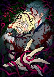 Rule 34 | 2boys, absurdres, atou haruki, black jacket, blonde hair, blood, blood on clothes, blood on face, blood on hands, blue hair, blush, brown sweater, chinese commentary, clenched teeth, commentary request, hand on own face, highres, horrified, jacket, long sleeves, lovehxymw, male focus, multiple boys, open clothes, open jacket, reaching, reaching towards viewer, red eyes, ribbed sweater, saibou shinkyoku, short hair, sweat, sweater, teeth, turn pale, turtleneck, turtleneck sweater, utsugi noriyuki, wide-eyed, yandere, yaoi