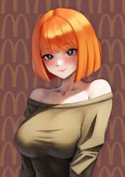 Rule 34 | 1girl, absurdres, alternate breast size, arms at sides, artist name, bare shoulders, black eyes, blunt bangs, blunt ends, blush, bob cut, breasts, bright pupils, close-up, closed mouth, collarbone, commentary, english commentary, head tilt, highres, large breasts, lazik 1337, lips, logo, long sleeves, looking at viewer, mcdonald&#039;s, mother (yoru mac), mother (yoru mac), off-shoulder shirt, off shoulder, portrait, red background, red hair, shirt, short hair, smile, solo, taut clothes, taut shirt, twitter username, upper body, white pupils, yoru mac