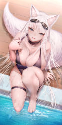 Rule 34 | 1girl, absurdres, animal ear fluff, animal ears, bad id, bad pixiv id, barefoot, bikini, black bikini, black choker, blue eyes, breasts, bust cup, choker, collarbone, covered erect nipples, fox ears, fox girl, fox tail, from above, goggles, hair between breasts, halterneck, highres, huge breasts, long hair, looking at viewer, looking up, nail polish, original, pairleaf, pool, poolside, sitting, skindentation, solo, strap lift, swimsuit, tail, thigh strap, very long hair, wading, water, wet, white hair, white nails, wooden floor
