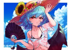 Rule 34 | 1girl, bat wings, bikini, black bikini, blue hair, blue sky, brown hat, cloud, commentary request, flat chest, flower, fub (fubimanji), hand fan, hat, hat flower, highres, holding, holding fan, looking at viewer, navel, outdoors, parted lips, red eyes, red nails, remilia scarlet, see-through, see-through shirt, short hair, sky, solo, straw hat, sunflower, swimsuit, touhou, upper body, wings