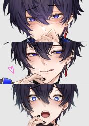 Rule 34 | 1boy, black nails, blue eyes, commentary, english commentary, heart, heart-shaped pupils, highres, indie virtual youtuber, long sleeves, looking at viewer, makura wet, male focus, open mouth, purple hair, short hair, shoto (vtuber), smile, sword earrings, symbol-shaped pupils, virtual youtuber