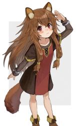 Rule 34 | 1girl, animal ear fluff, animal ears, blush, brown footwear, brown sweater, commentary, diszkr2, highres, long hair, looking at viewer, open hand, pink eyes, raccoon ears, raccoon girl, raccoon tail, raphtalia, sidelocks, solo, sweater, tail, tate no yuusha no nariagari