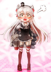 Rule 34 | &gt;:o, 10s, 1girl, :o, amatsukaze (kancolle), blush, brown eyes, choker, commentary request, dress, garter straps, hair tubes, hairband, inayama kakuya, kantai collection, long hair, looking at viewer, machinery, open mouth, pointing, pointing at viewer, red thighhighs, rensouhou-kun, sailor dress, school uniform, serafuku, silver hair, sweat, thighhighs, turret, two side up, v-shaped eyebrows