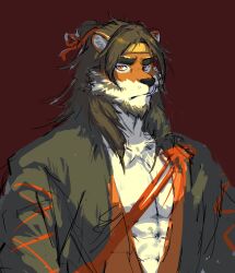 Rule 34 | 1boy, arknights, chinese commentary, furry, furry male, headband, highres, huai tianpei (arknights), long hair, looking at viewer, male focus, quqiyuntun, red background, tiger boy, yellow eyes, yellow headband