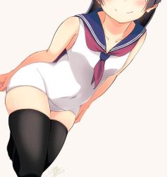 Rule 34 | 1girl, black hair, black thighhighs, blush, commentary, head out of frame, mole, mole under eye, original, out of frame, school swimsuit, skindentation, smile, solo, suzumeko, swimsuit, thighhighs, thighs, white background