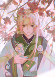 Rule 34 | 1boy, absurdres, bishounen, black trim, branch, cherry blossoms, chinese clothes, chinese commentary, commentary request, cup, falling petals, flower, flower brooch, green eyes, green ribbon, green shirt, highres, holding, holding cup, jacket, layered sleeves, light smile, long hair, long sleeves, longjing shrimp (the tale of food), looking at object, male focus, open clothes, open jacket, parted bangs, parted lips, petals, pink flower, ribbon, shirt, single sidelock, solo, straight hair, the tale of food, upper body, weibo logo, weibo watermark, white background, white flower, white hair, white jacket, wide sleeves, xixifu