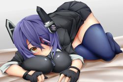 Rule 34 | 10s, 1girl, black thighhighs, blue thighhighs, blush, breast press, breasts, eyepatch, female focus, frown, full body, gloves, gradient background, hair between eyes, headgear, hitokakeratsu, kantai collection, large breasts, looking at viewer, necktie, partially fingerless gloves, purple hair, school uniform, short hair, skin tight, smile, solo, tenryuu (kancolle), thighhighs, yellow eyes, zettai ryouiki