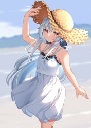 Rule 34 | 1girl, absurdres, arm up, azur lane, bare arms, bare shoulders, black bow, blurry, blurry background, bow, brown hat, closed mouth, collarbone, commentary request, depth of field, dress, feet out of frame, frilled dress, frills, grey hair, hair between eyes, hat, highres, long hair, looking at viewer, moyoron, red eyes, sleeveless, sleeveless dress, solo, standing, straw hat, sundress, very long hair, white dress, z46 (azur lane)